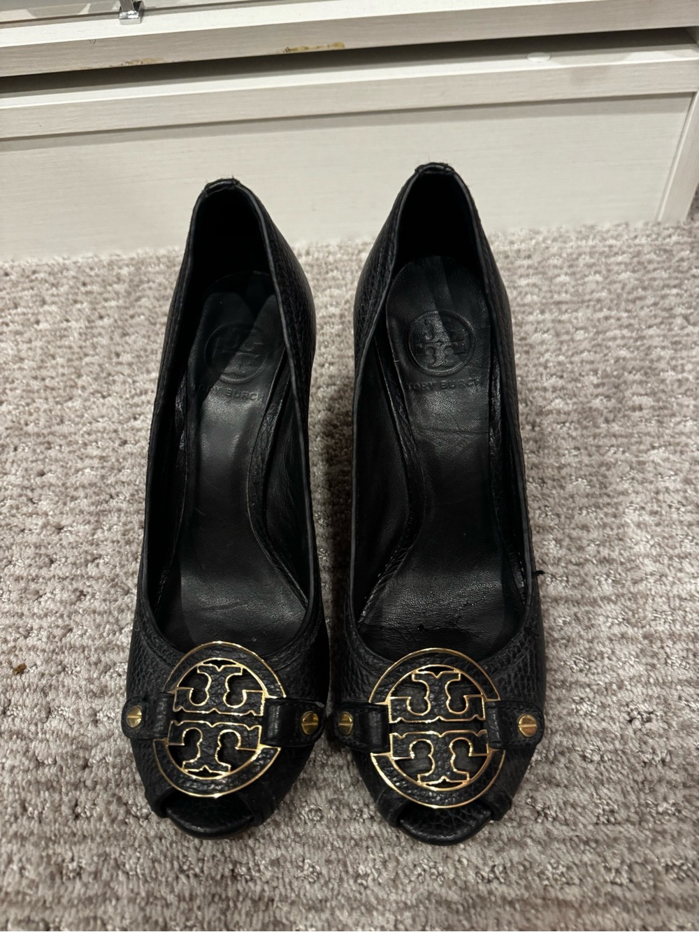 Tory Burch Black Leather Peep-Toe Heels with Gold Logo Medallion